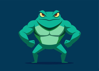 Fototapeta premium Cartoon Frog: A muscular, determined frog with sharp eyes and powerful physique commands attention with his imposing presence. The frog stands ready, ready to leap into action.