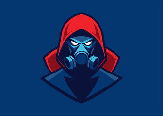 Masked Figure: A striking and intense illustration of a figure cloaked in a red hood and gas mask, exuding an air of mystery and strength against a striking blue background.