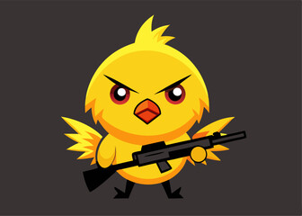 Angry Chick Armed: A cartoon chicken, with an angry facial expression, wielding a firearm against a neutral background.