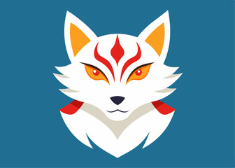 Kitsune Face Logo Design: A stylized kitsune face, a mystical creature of Japanese folklore, with  fiery orange and red markings,  glowing eyes, and  a sleek white  fur.