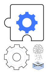 Gear integrated in a puzzle piece with mechanical components. Brain and layered elements for tech, AI, teamwork, innovation, mechanics, problem-solving, simple landing page