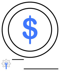Blue dollar sign enclosed in circular lines with gear symbol below, representing finance, economy, innovation. Ideal for financial management, business strategy, investment, entrepreneurship