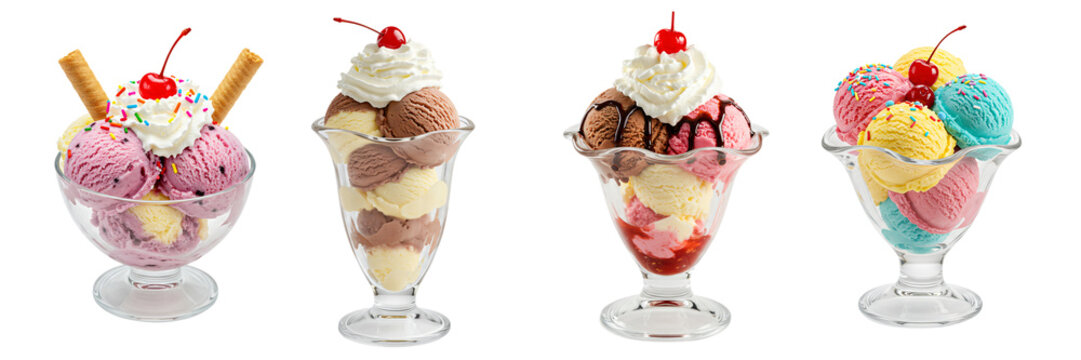 Ice cream sundae collection: assorted flavors with cherries and whipped cream png