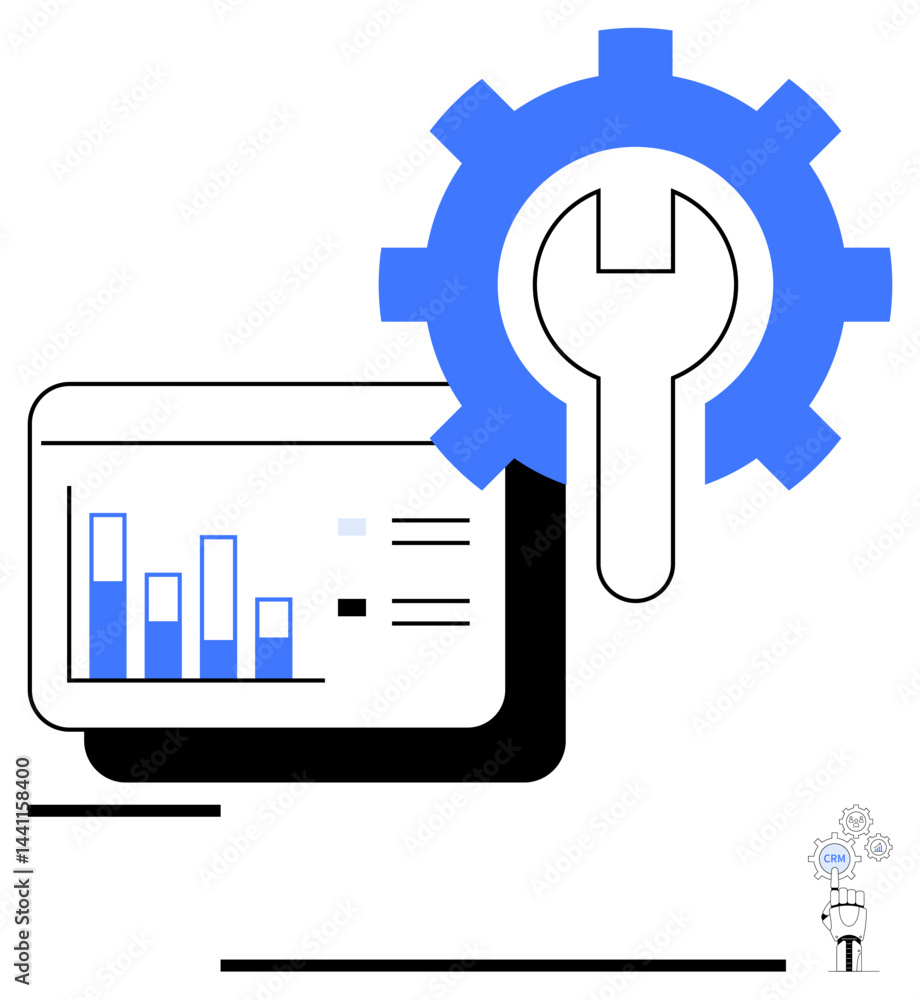 Poster bar graph on screen next to cogwheel with wrench highlights data analysis, maintenance, and problem-
