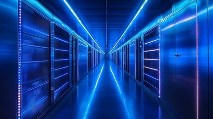 Futuristic server room illuminated by vibrant blue lights.