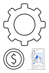 Gear symbol for process management, dollar coin for finance, and megaphone on mobile screen for digital marketing. Ideal for business, finance, technology, startup, management, entrepreneurship