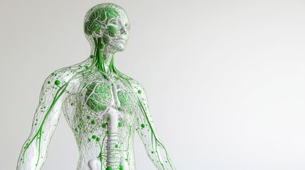 Comprehensive 3D illustration of human lymphatic system, isolated on white background. 