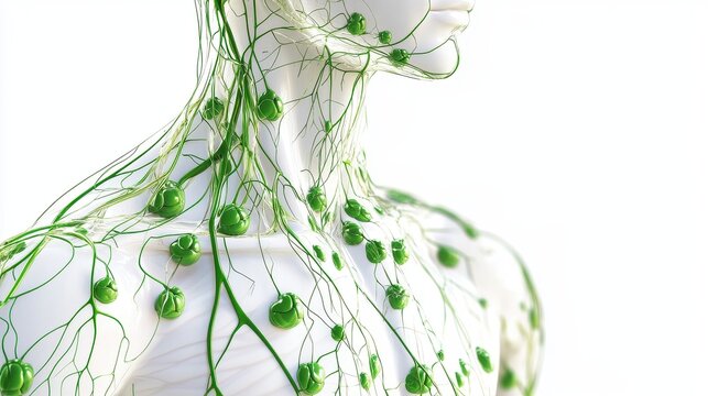 Comprehensive 3D illustration of human lymphatic system, isolated on white background. 