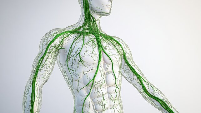 Comprehensive 3D illustration of human lymphatic system, isolated on white background. 