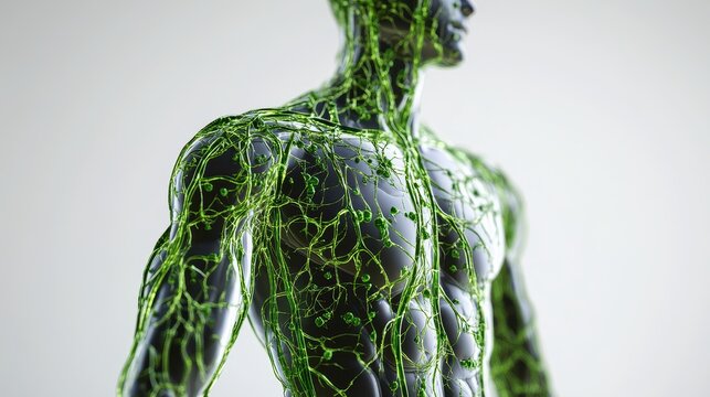 Comprehensive 3D illustration of human lymphatic system, isolated on white background. 