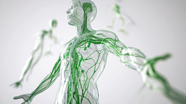 Comprehensive 3D illustration of human lymphatic system, isolated on white background. 