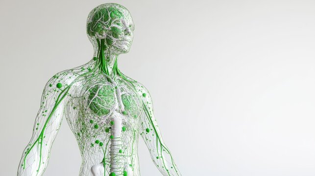 Comprehensive 3D illustration of human lymphatic system, isolated on white background. 