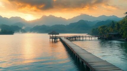 Obraz premium Tranquil wooden pier at sunrise over misty mountains.