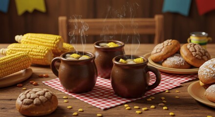 Warm cups of corn soup and sweet bread arranged on a wooden table with a checkered cloth for a cozy, rustic meal. Delicious and comforting.
