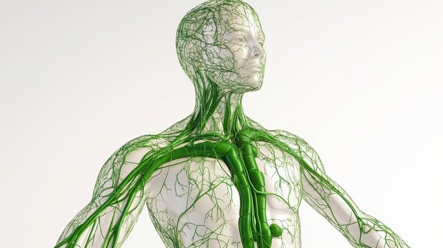 Comprehensive 3D illustration of human lymphatic system, isolated on white background. 