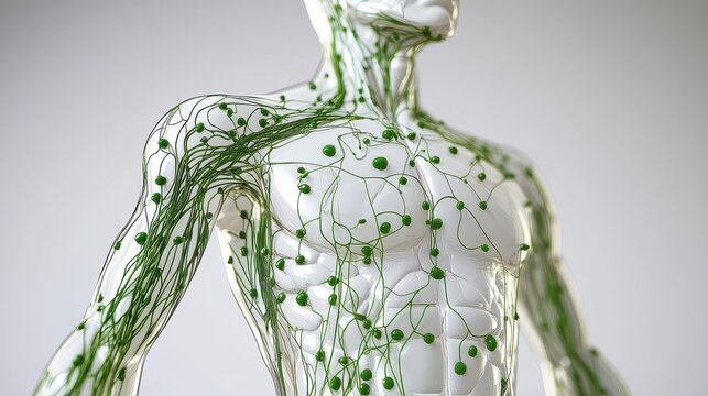 Comprehensive 3D illustration of human lymphatic system, isolated on white background. 