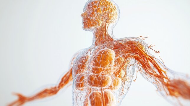 Comprehensive 3D illustration of human lymphatic system, isolated on white background. 