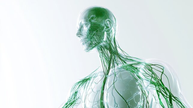 Comprehensive 3D illustration of human lymphatic system, isolated on white background. 