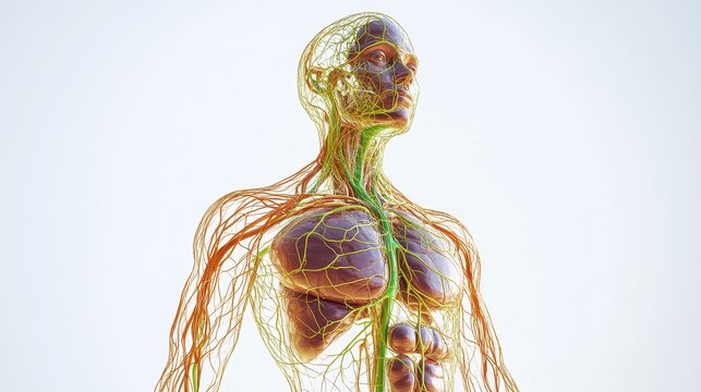 Comprehensive 3D illustration of human lymphatic system, isolated on white background. 