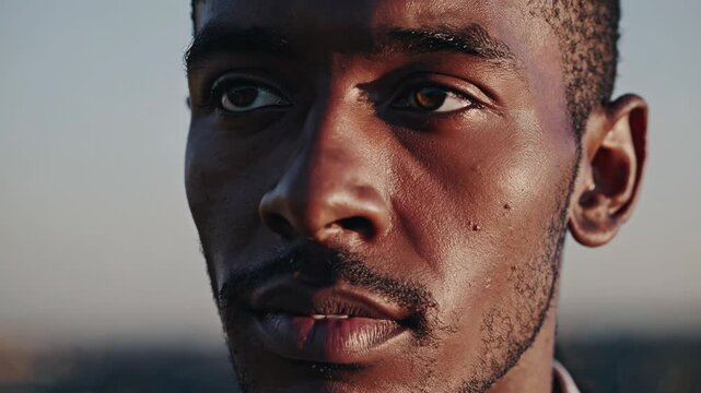 Contemplative african american businessman casting pensive gaze during golden hour, revealing nuanced emotional landscape through subtle facial expressions and reflective demeanor