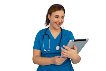 Young female doctor wearing blue scrubs and stethoscope, happily using tablet with transparent background