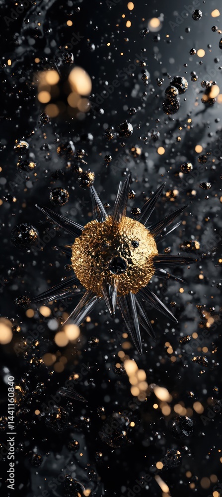 Poster abstract golden orb in space with spikes and lights, creating artistic modern backdrop, possibly for