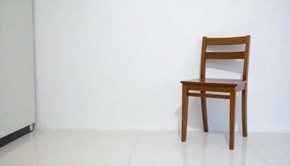 清潔感あふれる白い空間に、ウォールナット材の一人用チェアがひとつ静かに佇み、木の温もりと洗練が調和した落ち着いたシンプル空間

