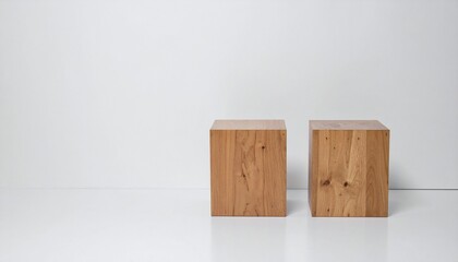 真っ白なマットな背景の中に、無垢材の四角いスツールがぽつんと置かれたシンプルで潔い空間、余計なものを排除した美

