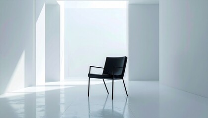 白く無機質な空間に、黒の細身アイアンチェアが孤独を象徴するように置かれた、鋭いストイックなインテリアシーン

