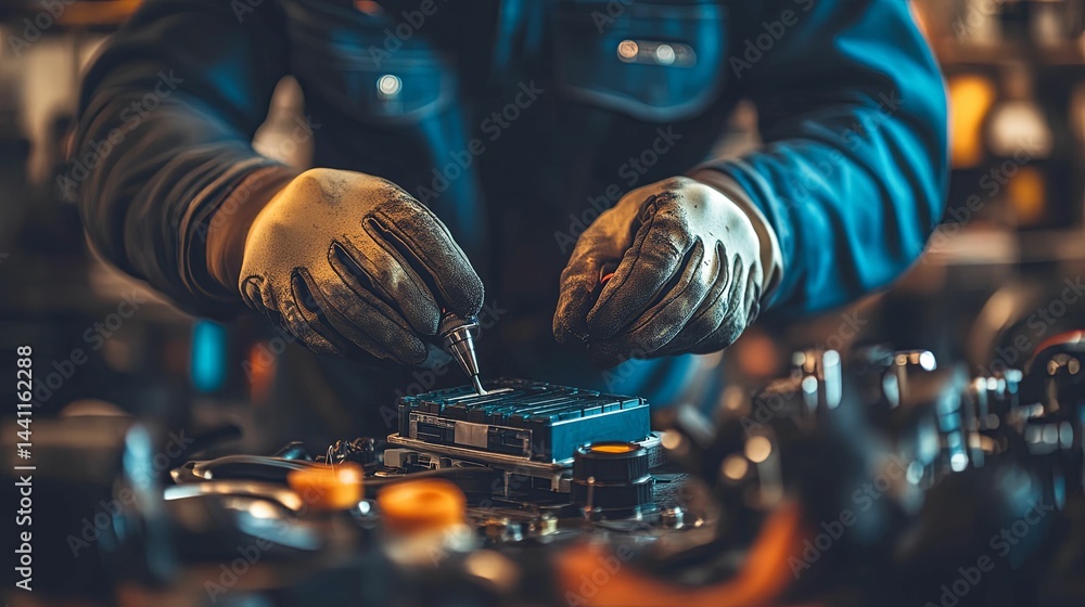 Poster close-up view of a mechanic working on a complex machine part.