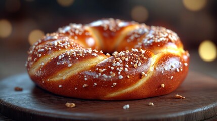 Round, golden-brown pretzel-like bread, topped with seeds