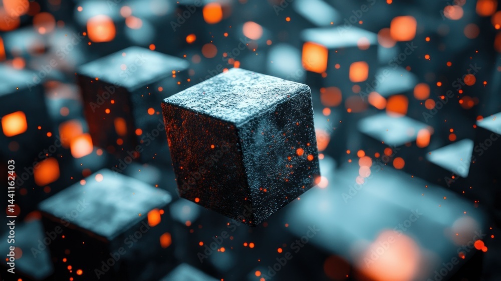Poster abstract floating rough cube with orange particles