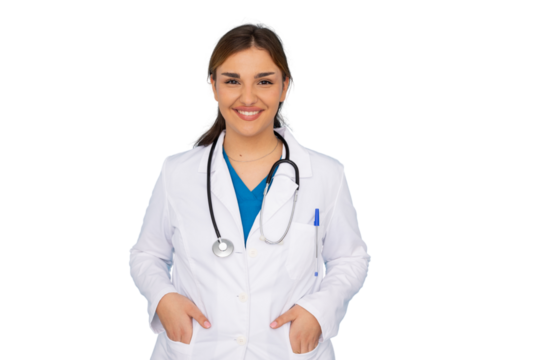 Confident young female doctor smiling with hands in pockets on a transparent background