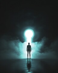 Obraz premium Silhouette of a Person Facing Illuminated Keyhole