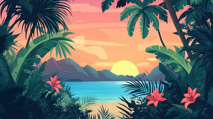 Exotic and tropical beach sun rise holiday flowers mood