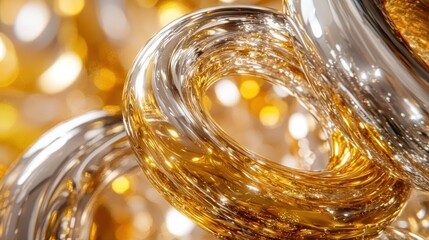 Abstract intertwining gold and silver glossy metal shapes