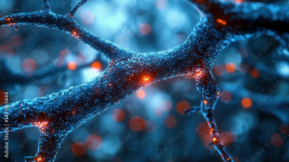 Poster abstract neural network with bright red, glowing nodes