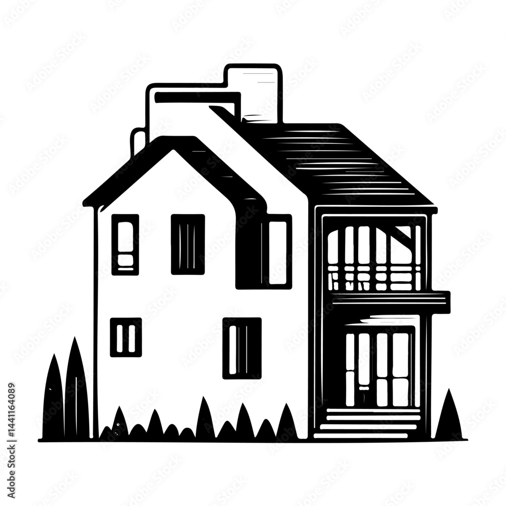 Poster stylized monochromatic home depiction with sharp outlines showcasing architectural form