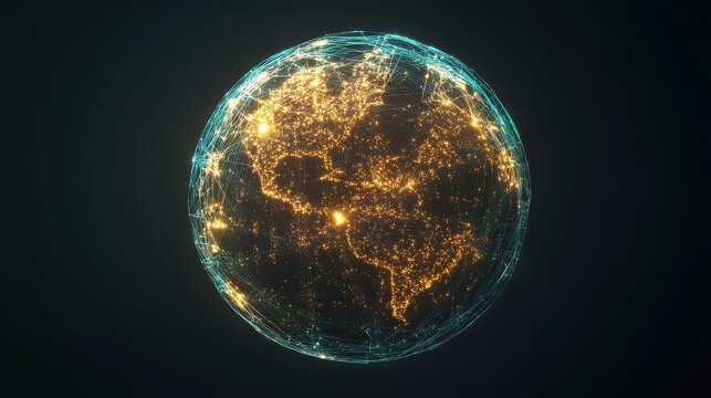 Holographic globe with network nodes, world connection, international business.