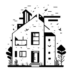 Fototapeta premium Stylized monochromatic residential building illustration with abstract surroundings