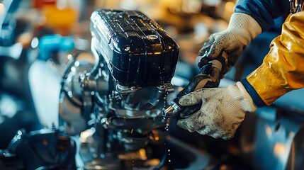 Close-up of a person repairing a wet outboard motor.