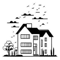 Minimalist vector illustration of a modern house with stylized cloudscape