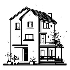 Stylized monochromatic illustration of a two-story house with porch and garden