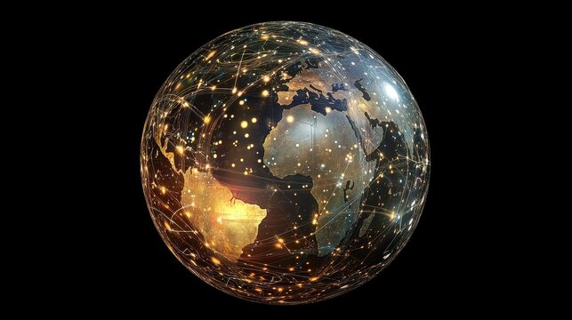 Holographic globe with network nodes, world connection, international business.