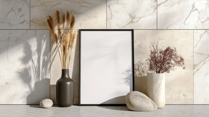 Blank vertical frame mockup on modern boho style stone wall interior Generative AI