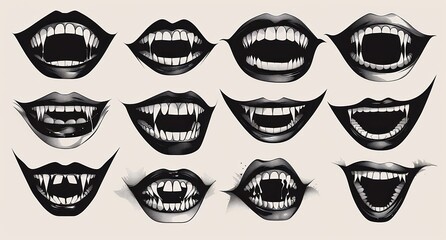twelve stylized black and white open mouths showing various sharp vampire fangs with different expressions and teeth arrangements