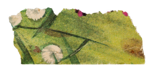 Piece of old vintage green paper with floral print, torn page from retro children's magazine