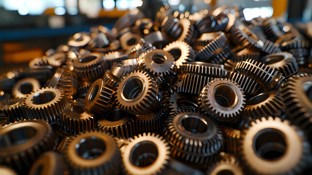 Pile of shiny and rusty metal gears and cogwheels, close up shot. ideal for concepts such as industry, mechanics, or engineering. Cogwheel Forge. Illustration