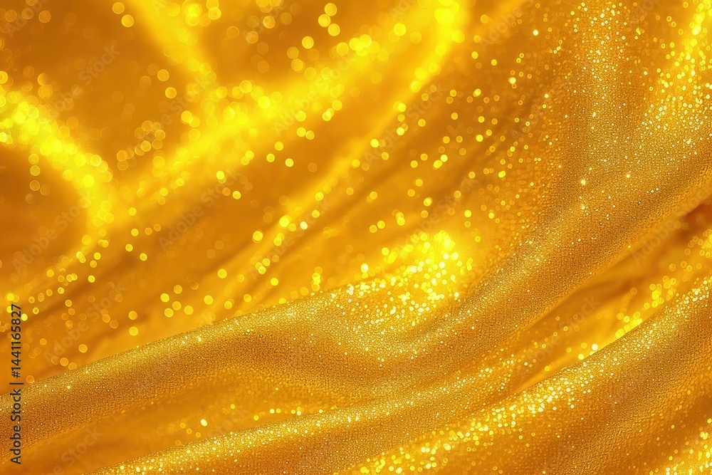 Poster close-up of golden glittering fabric with flowing folds and sparkling light reflections creating a w