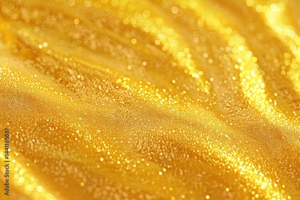 Poster close-up of shimmering golden surface with sparkling light reflections and smooth flowing texture ev
